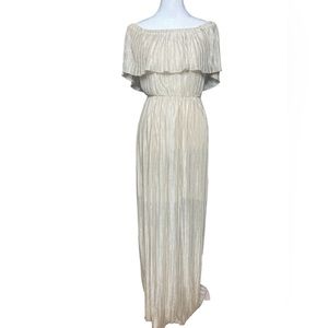 Dress the Population off the Shoulder Ribbed Dress Cream & Gold Sparkle Detail.